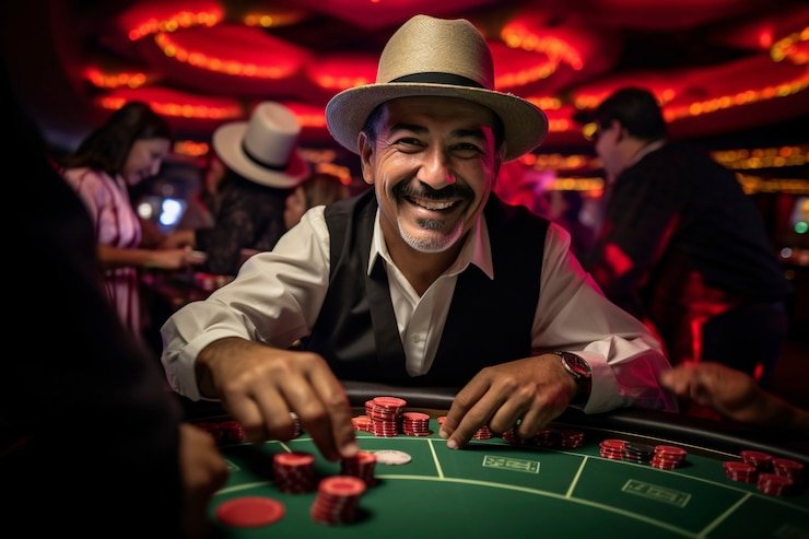 Ilustrasi meja AduQ dengan kartu dan chip di platform hati togel